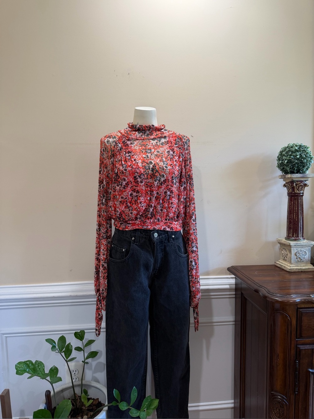 Free People Floral Ruffle-Neck Mesh Top